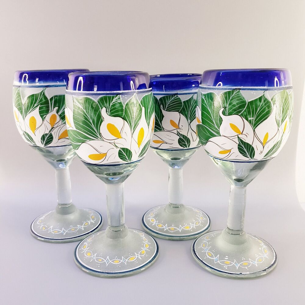 4 Hand Blown Wine Glasses Painted White Calla Lily Flower Cobalt Rim Frosted